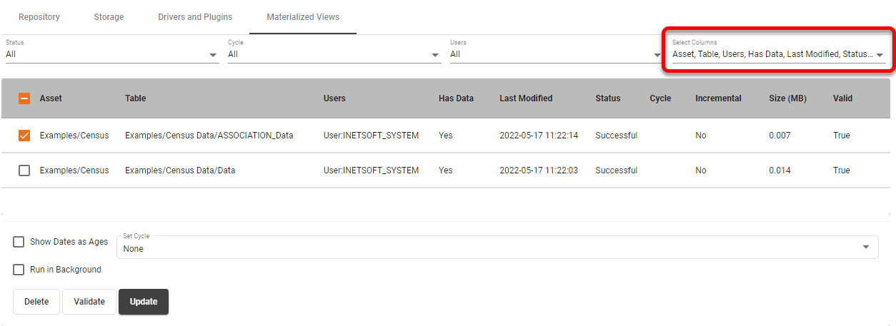 Materialized View Manage Column Select