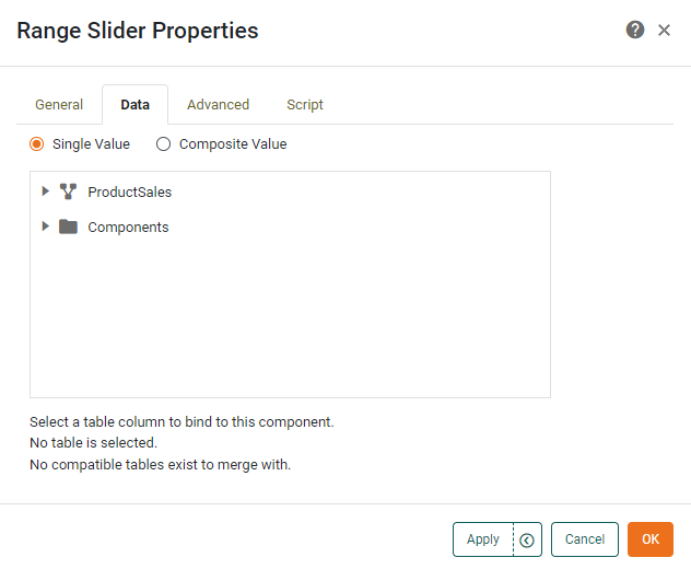 Range Slider Dialog Data Tab