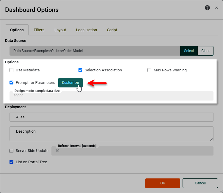 Viewsheet Options Customize