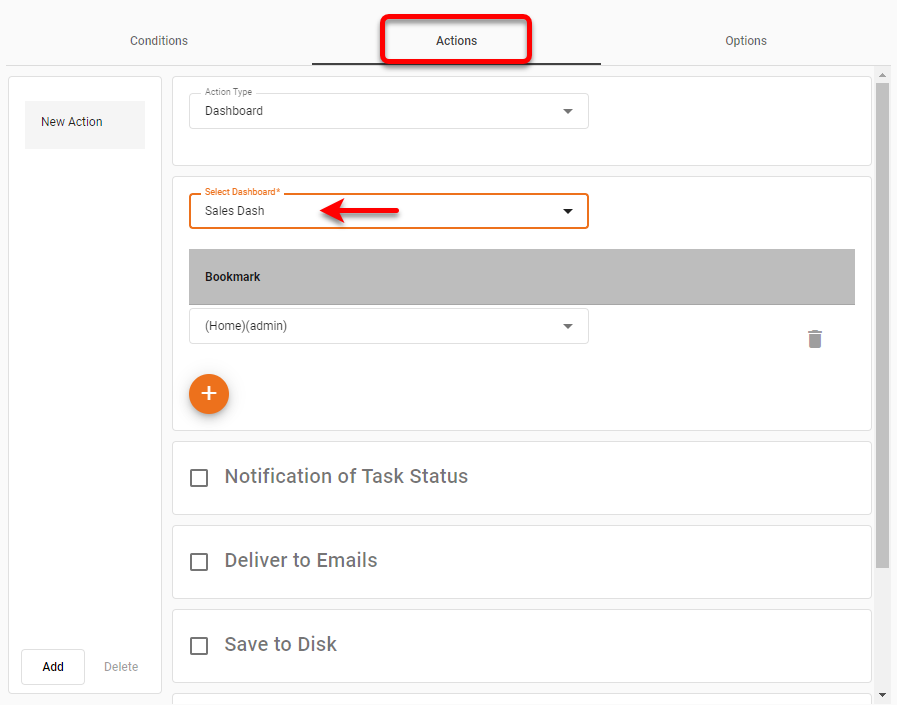 select Dashboard for alert on Actions tab