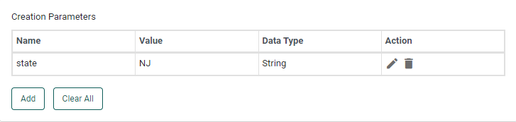 creation parameters table showing the newly added parameter entry