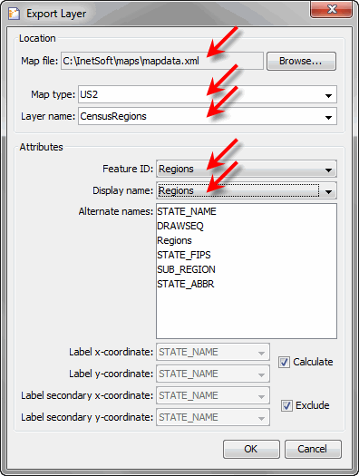 Export Layer dialog with Feature ID and Display name selected