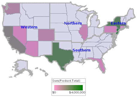 map chart with Census Region shapes overlaid on states