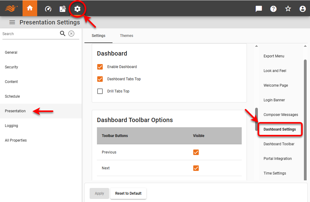 dashboard settings page with enable dashboards option
