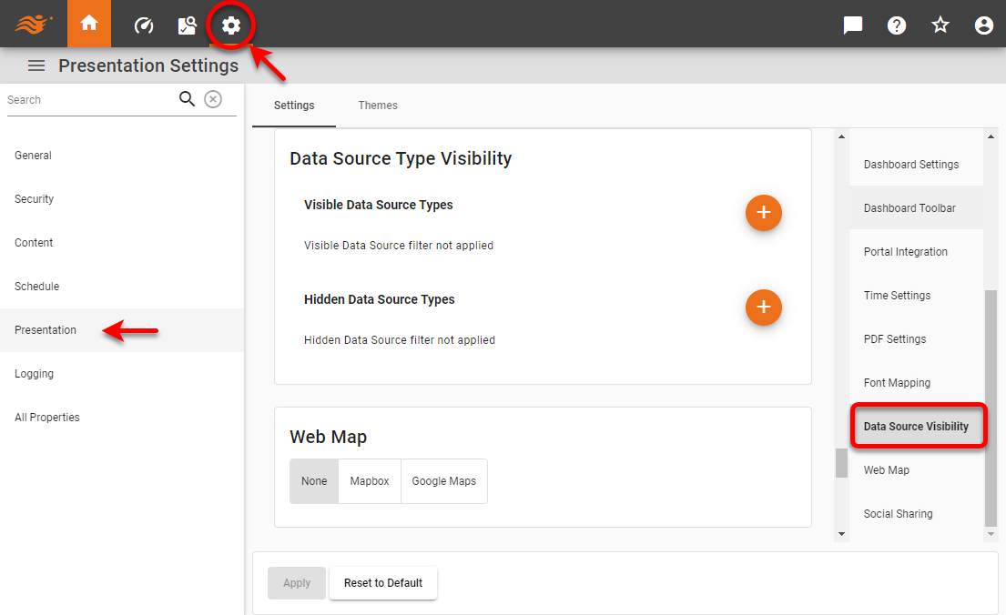 data source visibility page with visible and hidden sections