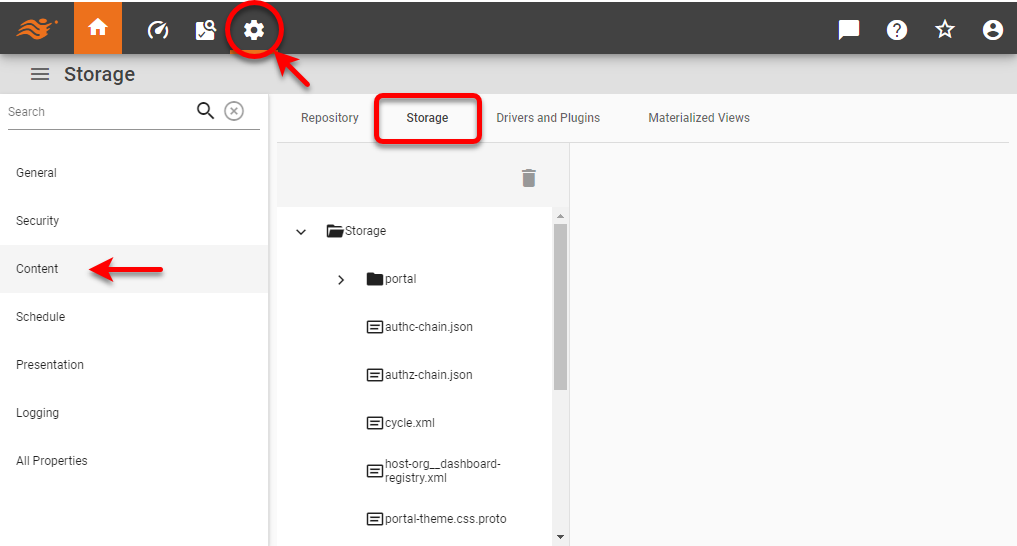 select Storage tab on Content page