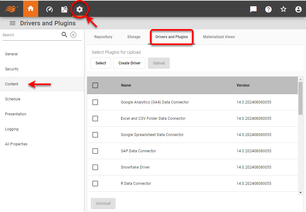 Drivers and Plugins tab in Content page