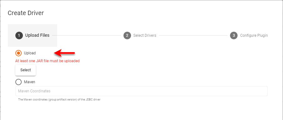 select Upload option in Create Driver dialog