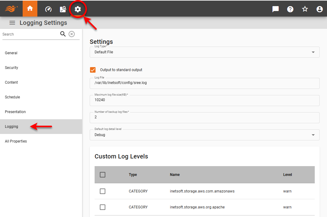 logging settings page in Enterprise Manager