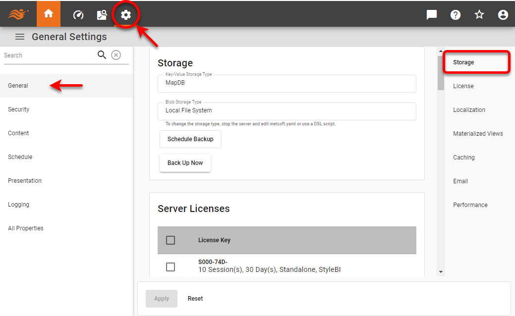 view Storage configuration page in General settings