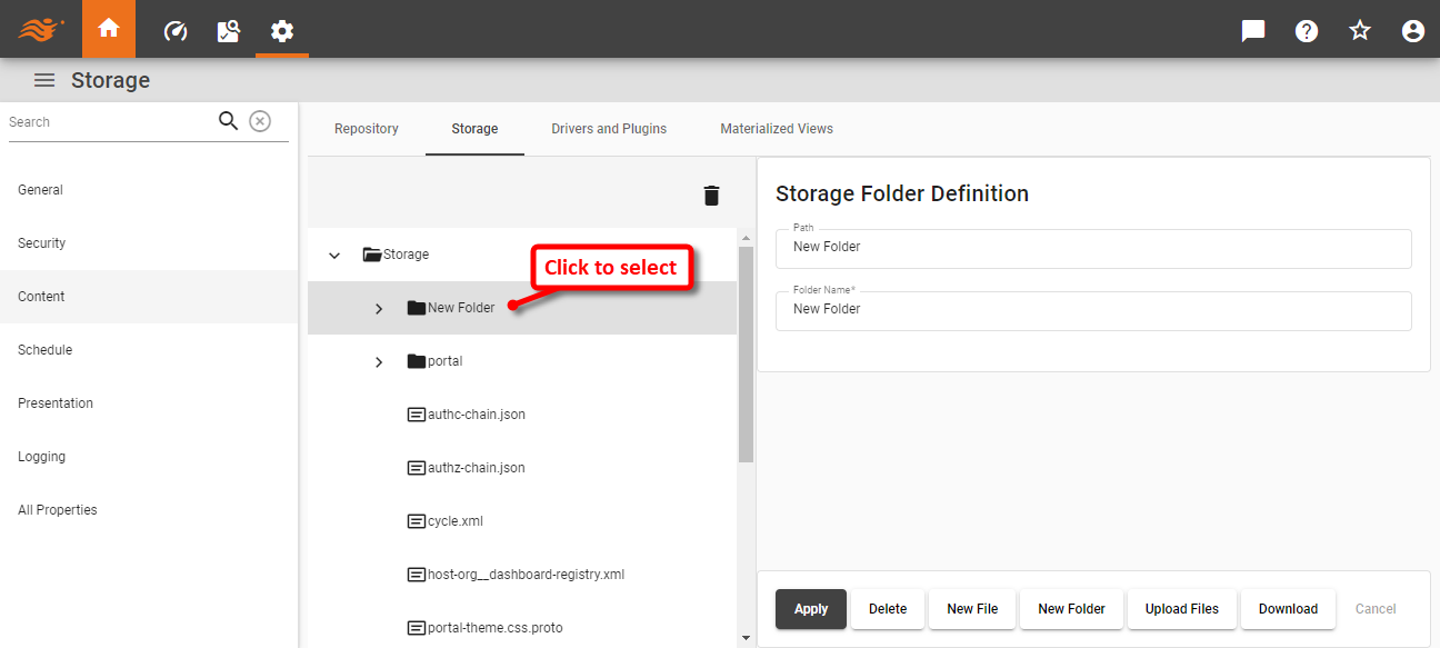 Storage Folder Definition panel