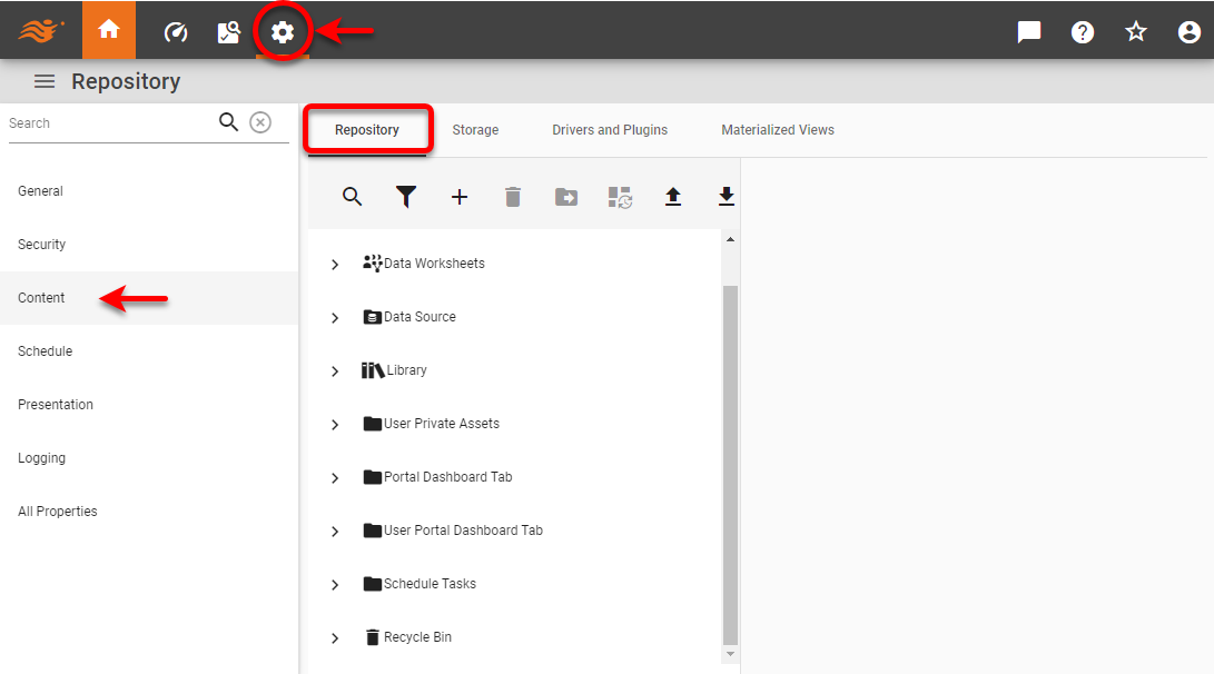 select Repository tab in Content page