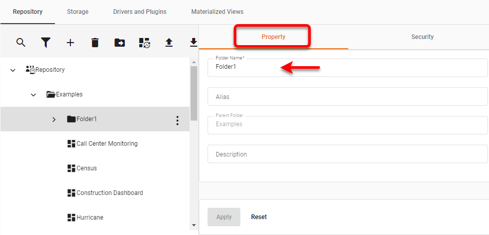 folder property tab with name and description fields