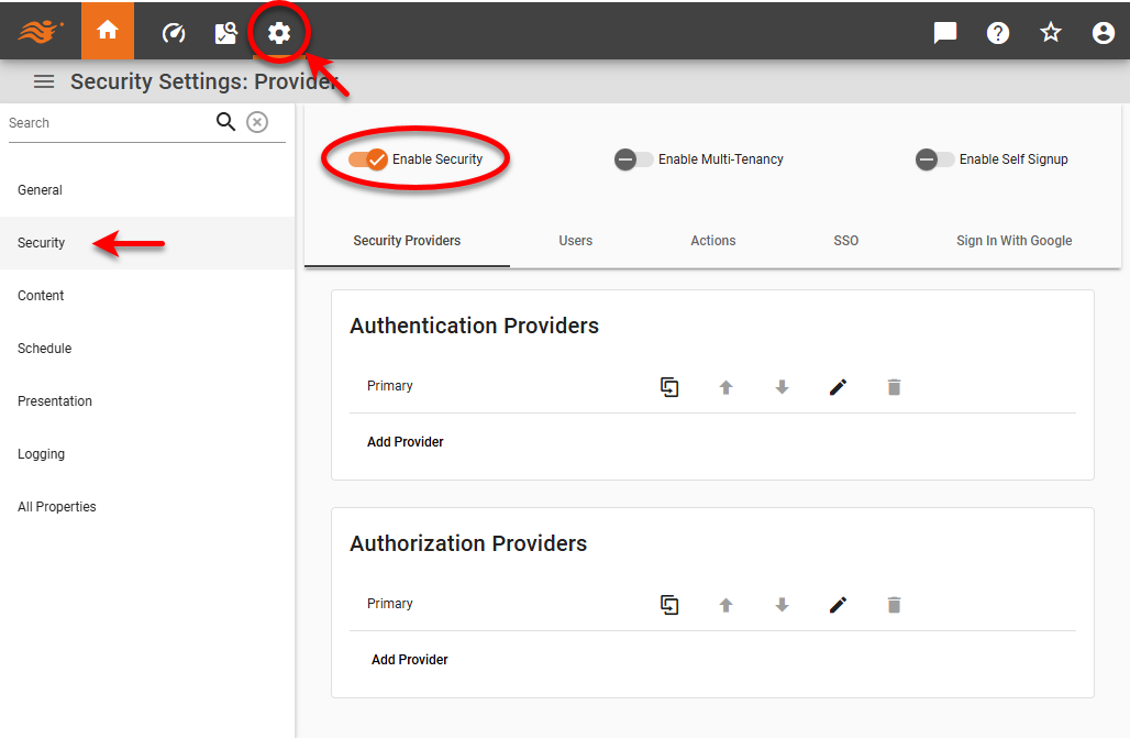 enable security on Security page