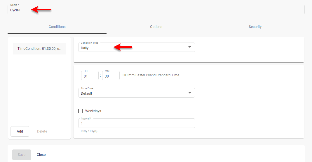 set cycle name and time condition