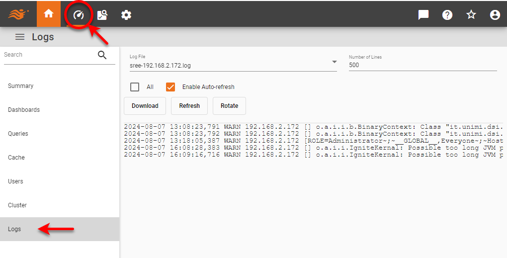 logs monitoring page with log file viewer