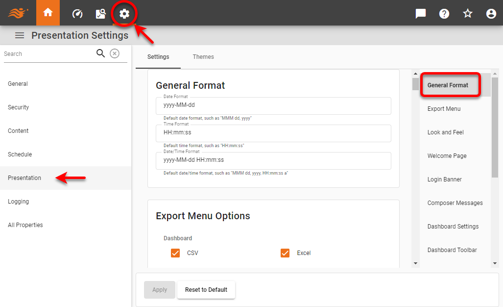 general format page with date and time format settings