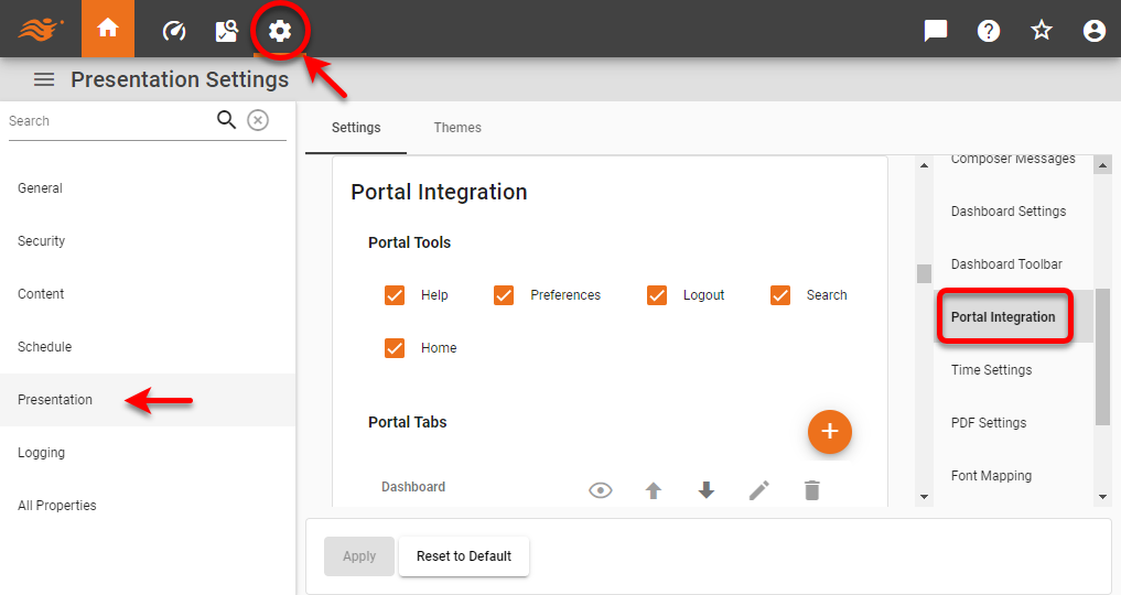 portal integration page with tab and link settings