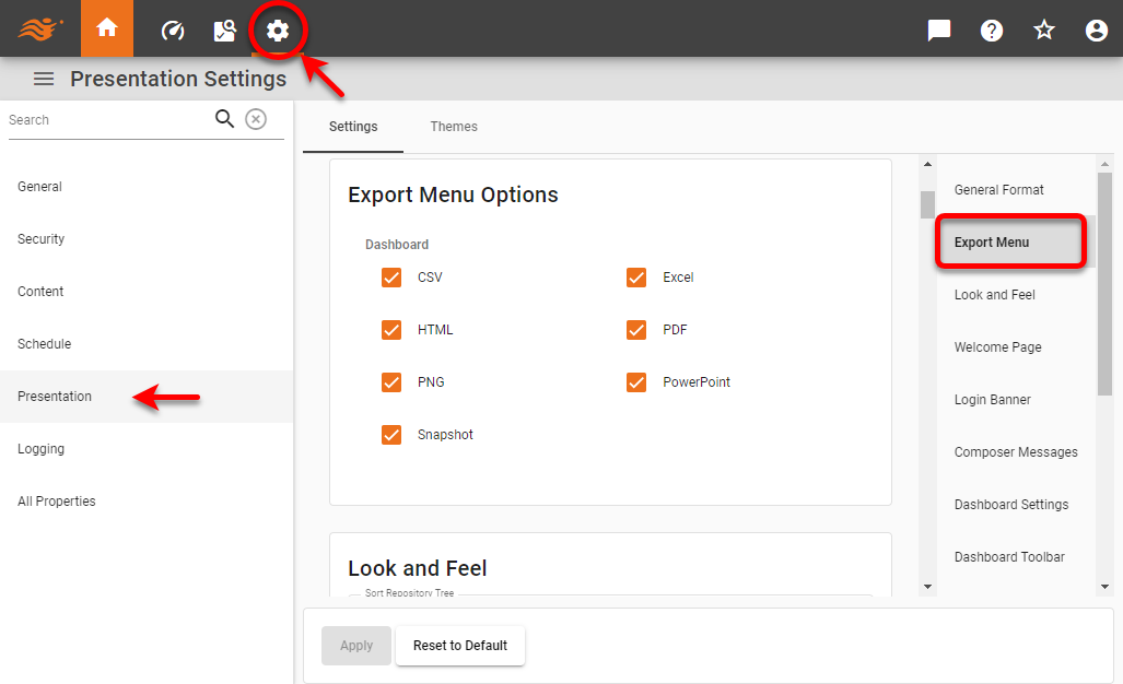 export menu page with dashboard export format options