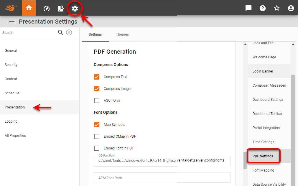 PDF settings page with compress and font options