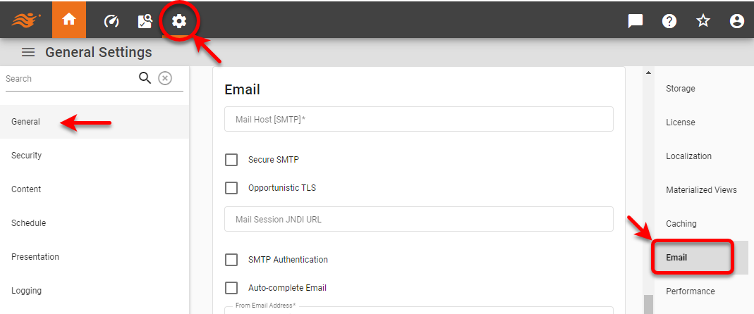 select Email page under General settings