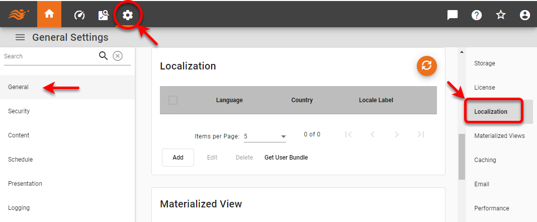 select General and Localization pages