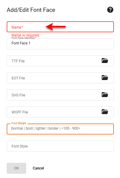 user fonts dialog for uploading custom fonts