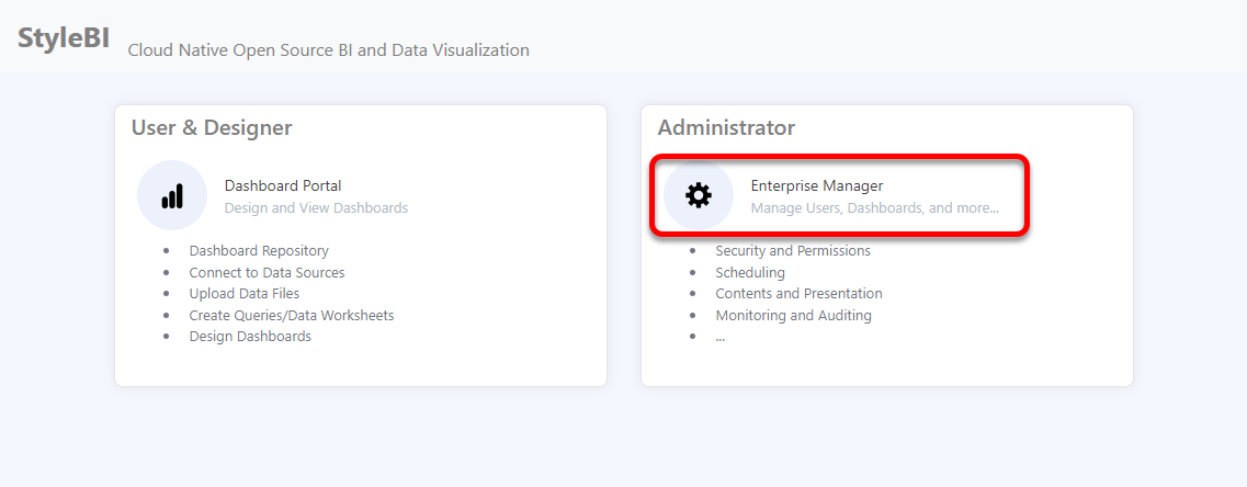StyleBI webapp homepage with Enterprise Manager link