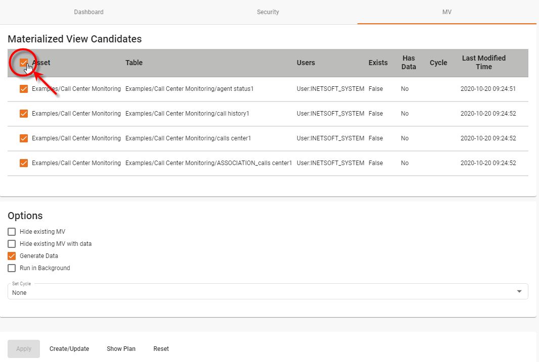 select dashboard assets in candidates table