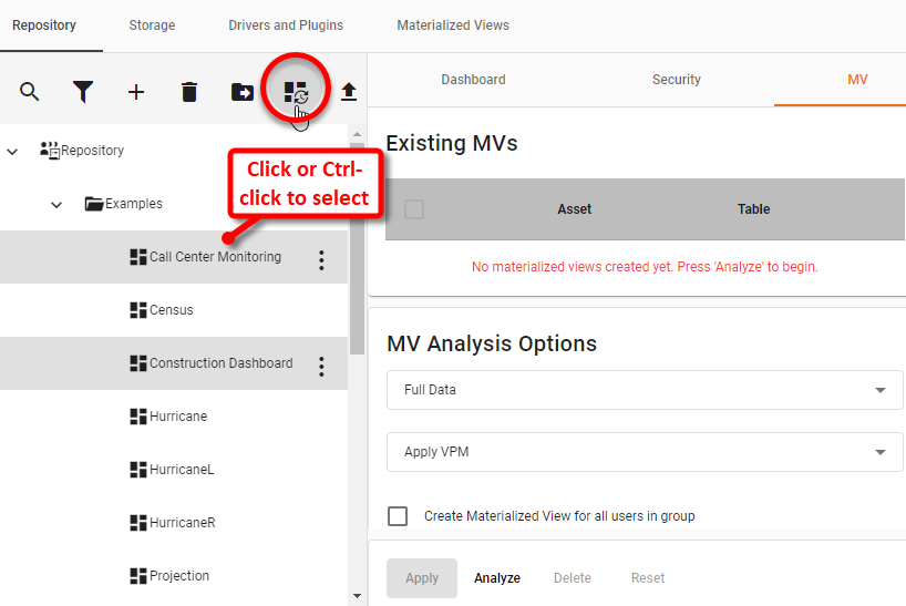 select MV tab for dashboard materialized view