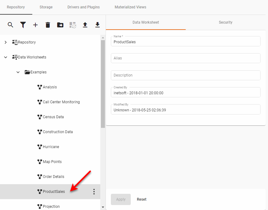 expand data worksheets node and select worksheet