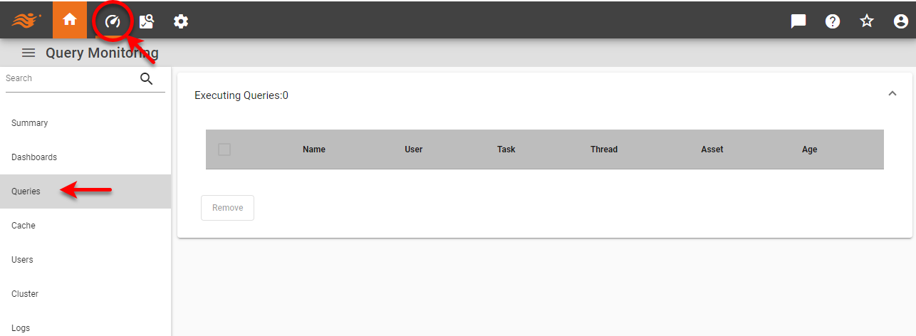queries monitoring page with active query list