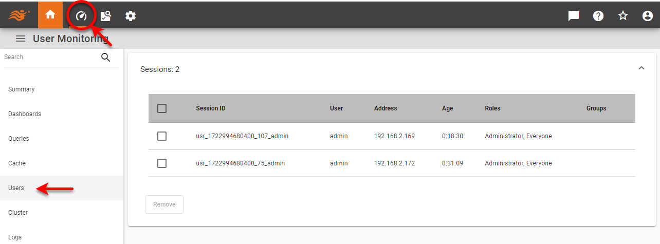 users monitoring page with active session list