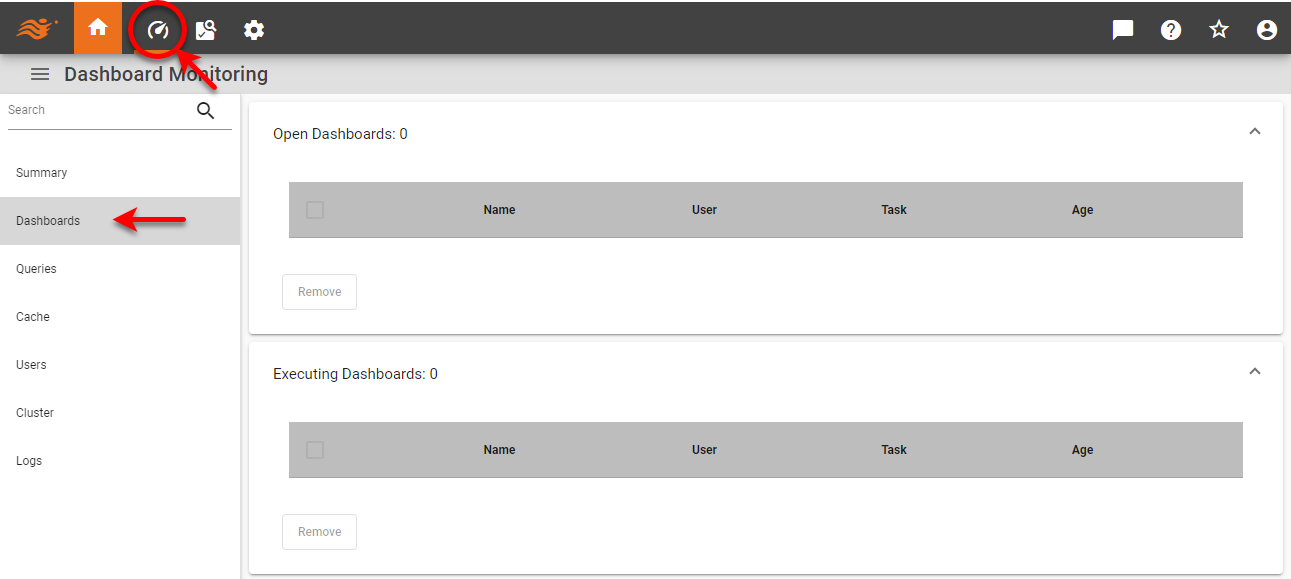 dashboards monitoring page with executing and open dashboards