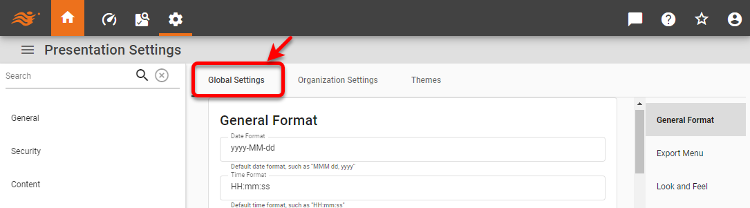 select Global Settings tab on Presentation page
