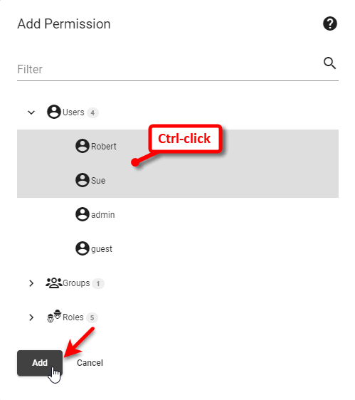 select users groups or roles to add permission