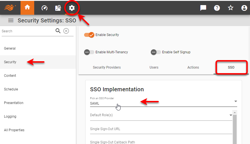 security SSO tab with SAML selected as the SSO provider