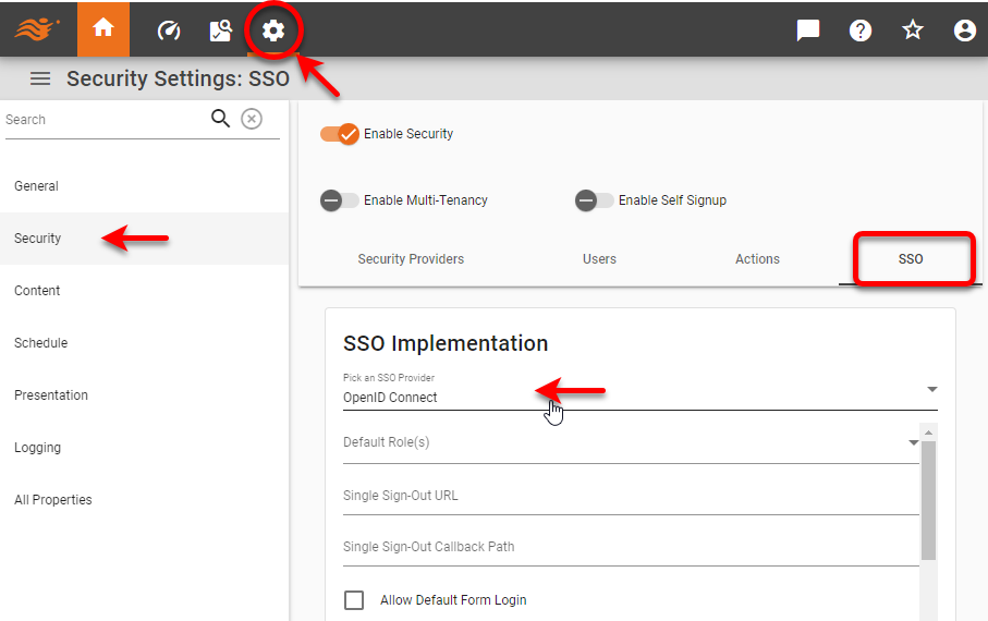 security SSO tab with OpenID Connect selected as the SSO provider