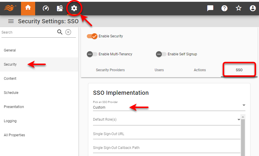 security SSO tab with Custom selected as the SSO provider