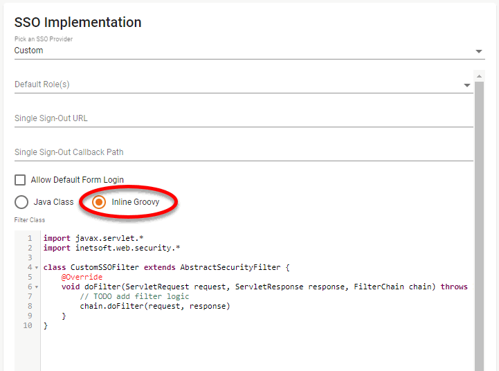 Inline Groovy option selected with skeleton class shown in edit box