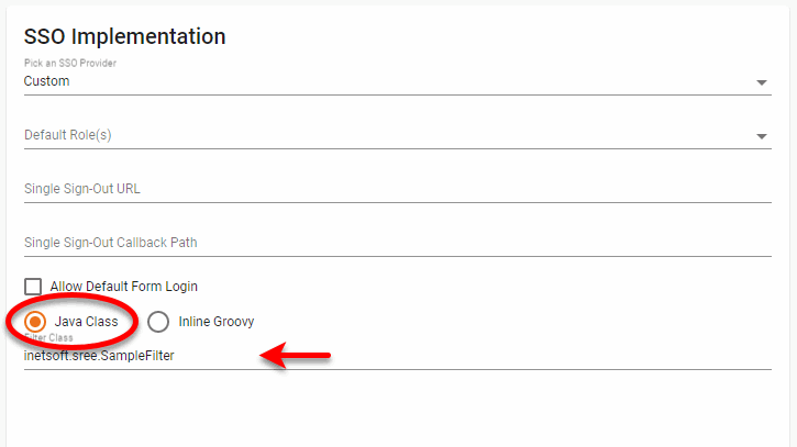 Java Class option selected with filter class name entered