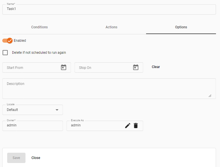 configure scheduler task options tab settings