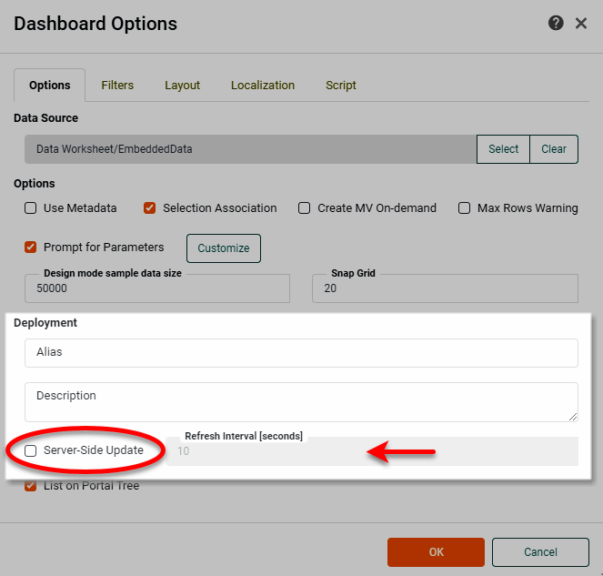 dashboard options with server-side update enabled and refresh interval set