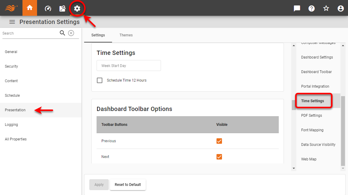 time settings page with week start day and schedule options