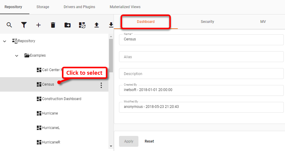 dashboard tab with name alias and description fields