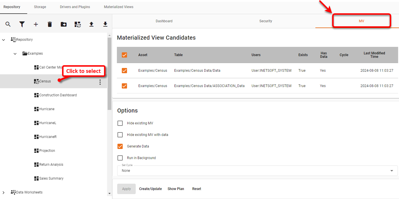 MV tab for creating dashboard materialized view