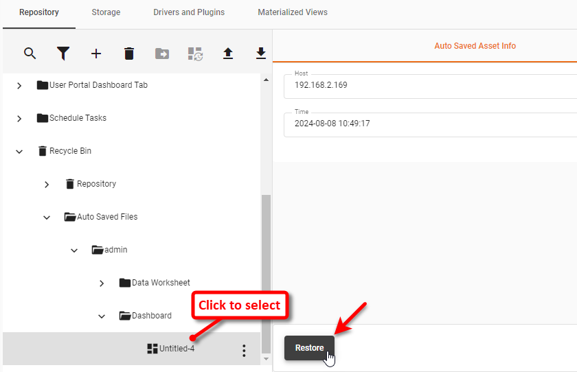 restore button to recover asset from recycle bin