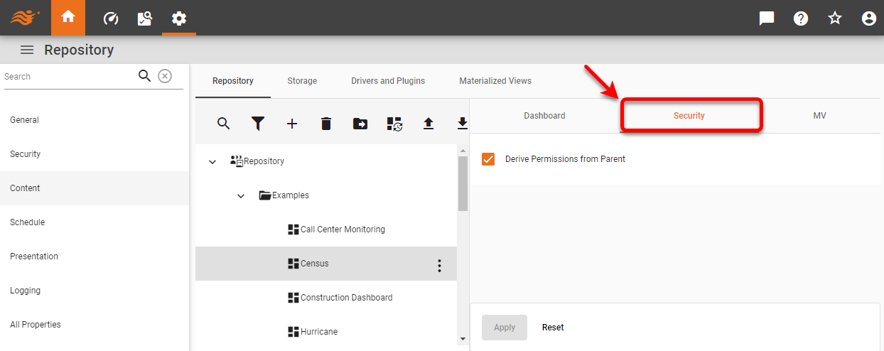 select Security tab for repository asset
