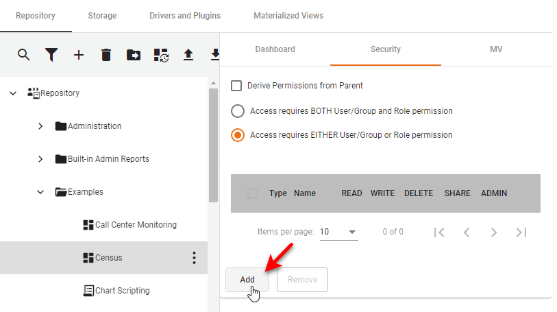 press Add button to open Add Permission dialog