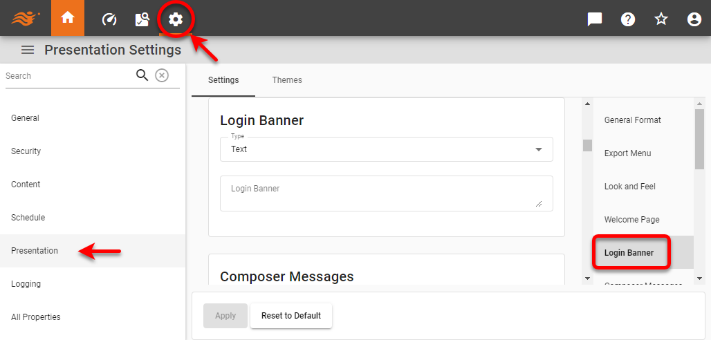 login banner page with text and HTML options